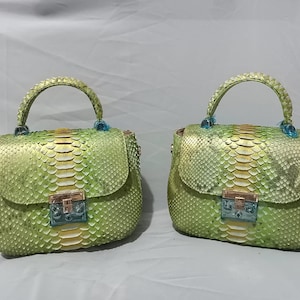 Op de afbeelding: Twee limoengroene handtassen met een slangenleerpatroon. Elke tas heeft een handvat aan de bovenkant, een klepsluiting en een goudkleurige sluiting. De handvatten zijn gevlochten en de tassen hebben blauwe accenten. De tassen zijn gemaakt van een textuur.