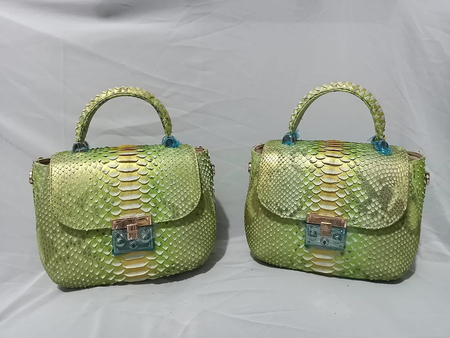 Genuine Python Top Handle Bag / Designer Bag / Exotic Leather Bag / Lime Multicolor Summer Bag / Snake Print Leather Designer Classy Purse