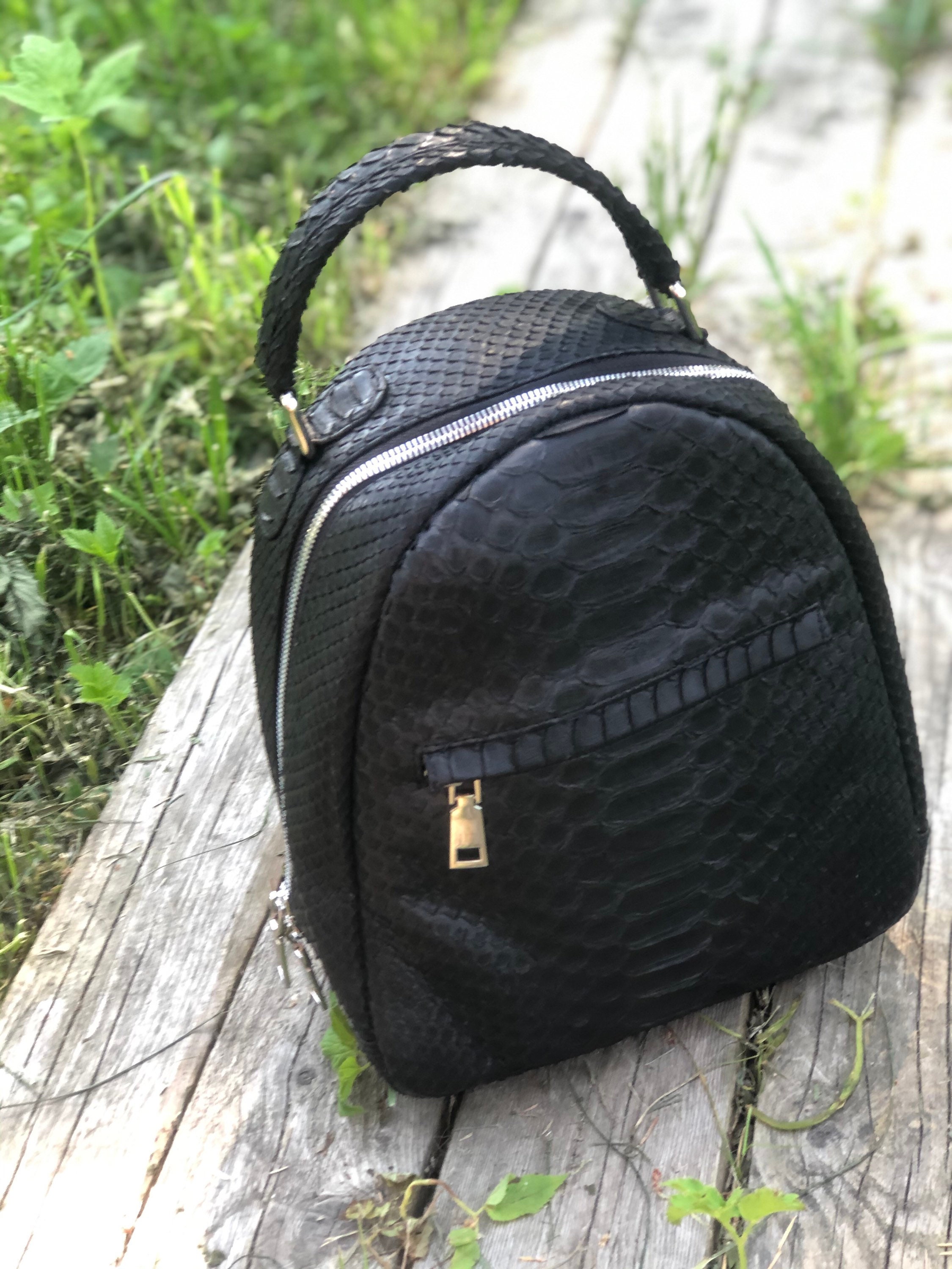 Handmade black and gold genuine Python backpack Michael Kors Metallic Gold Python Embossed Leather Small  main image 3