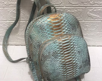 Genuine python skin blue backpack | designer women bags | exotic leather purse | trendy casual light blue snake backpack with pockets |