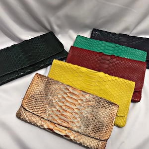 Può includere: Cinque pochette di diversi colori realizzate in pelle di serpente. Le pochette sono disposte in fila da sinistra a destra, con la pochette verde nella parte superiore dell'immagine e la pochette marrone nella parte inferiore.