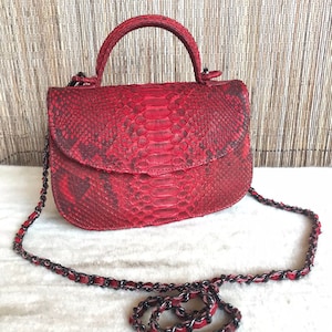 May include: A small red snakeskin handbag with a top handle and a chain strap. The bag has a flap closure and a textured snakeskin pattern.