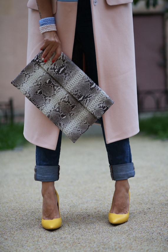 Genuine Python Skin Gray Envelope Clutch | Python Skin Bags |Exotic Leather Bags | Macbook air case | Leather Laptop Case | Folded Clutch