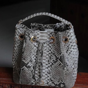 Genuine python skin grey bucket crosshandle bag/ designer women purse | classy elegant crossbody bag | exotic leather bags | gift idea