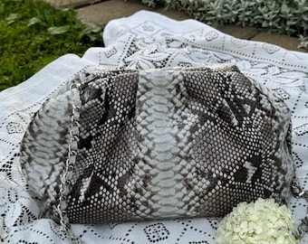 Genuine python skin grey uncoloured pouch bag | exotic leather bags | small size soft clutch | snake designer bag | gift for her | purses