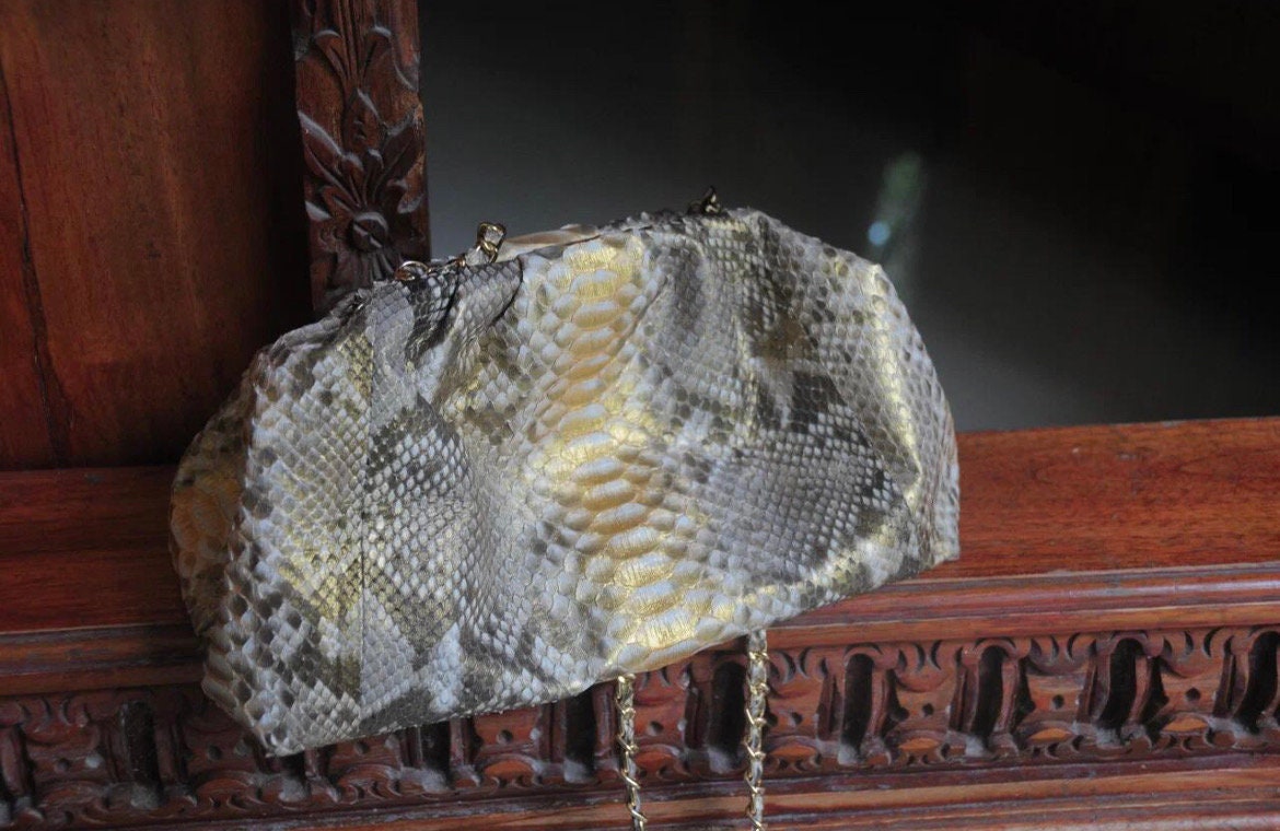 Burmese Python Leather Genuine Python Skin Gold Pouch Bag | Exotic Leather Bags | Small Size ...