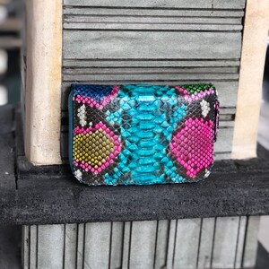 以下が含まれることがあります： ヘビ革製の小さくカラフルな財布。財布は青、緑、ピンク、黄色の模様です。