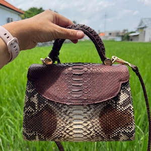Sac à main en python véritable / sac de créateur / sac en cuir exotique / sac à main marron en cuir exotique / sac à main élégant de créateur à imprimé serpent
