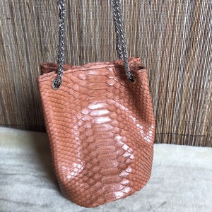 May include: A small, light brown snakeskin bucket bag with a silver chain strap.