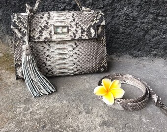 Top Handle Grey Classy Genuine Python Skin Bag | Exotic