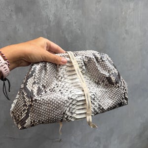 Genuine python skin grey uncolored pouch bag | exotic leather bags | medium size soft clutch | snake designer bag | gift for her | cloud bag image 5