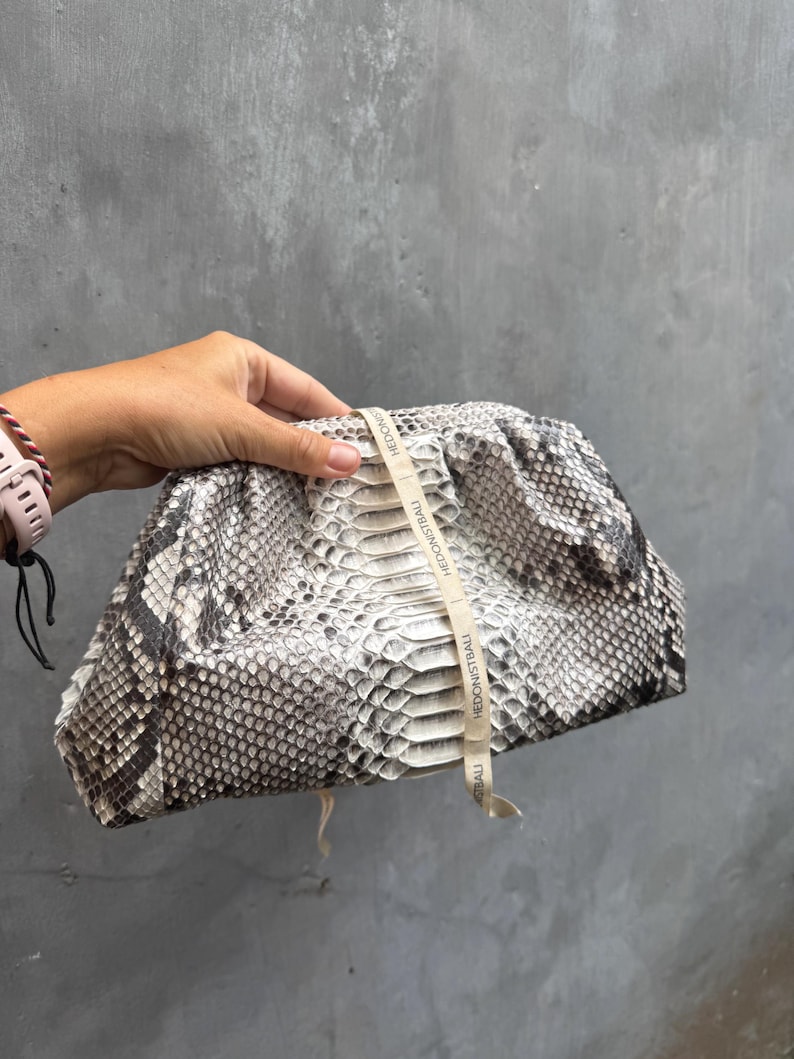 Genuine python skin grey uncolored pouch bag | exotic leather bags | medium size soft clutch | snake designer bag | gift for her | cloud bag image 5