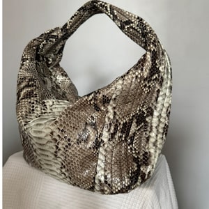 Soft Hobo Classy Sport Woman Stitched Bag | Purse Genuine Python Skin | Gray Big Elegant Leather Designer Soft Bag Snake | reptile hobo