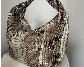 Soft Hobo Classy Sport Woman Stitched Bag | Purse Genuine Python Skin | Gray Big Elegant Leather Designer Soft Bag Snake | reptile hobo