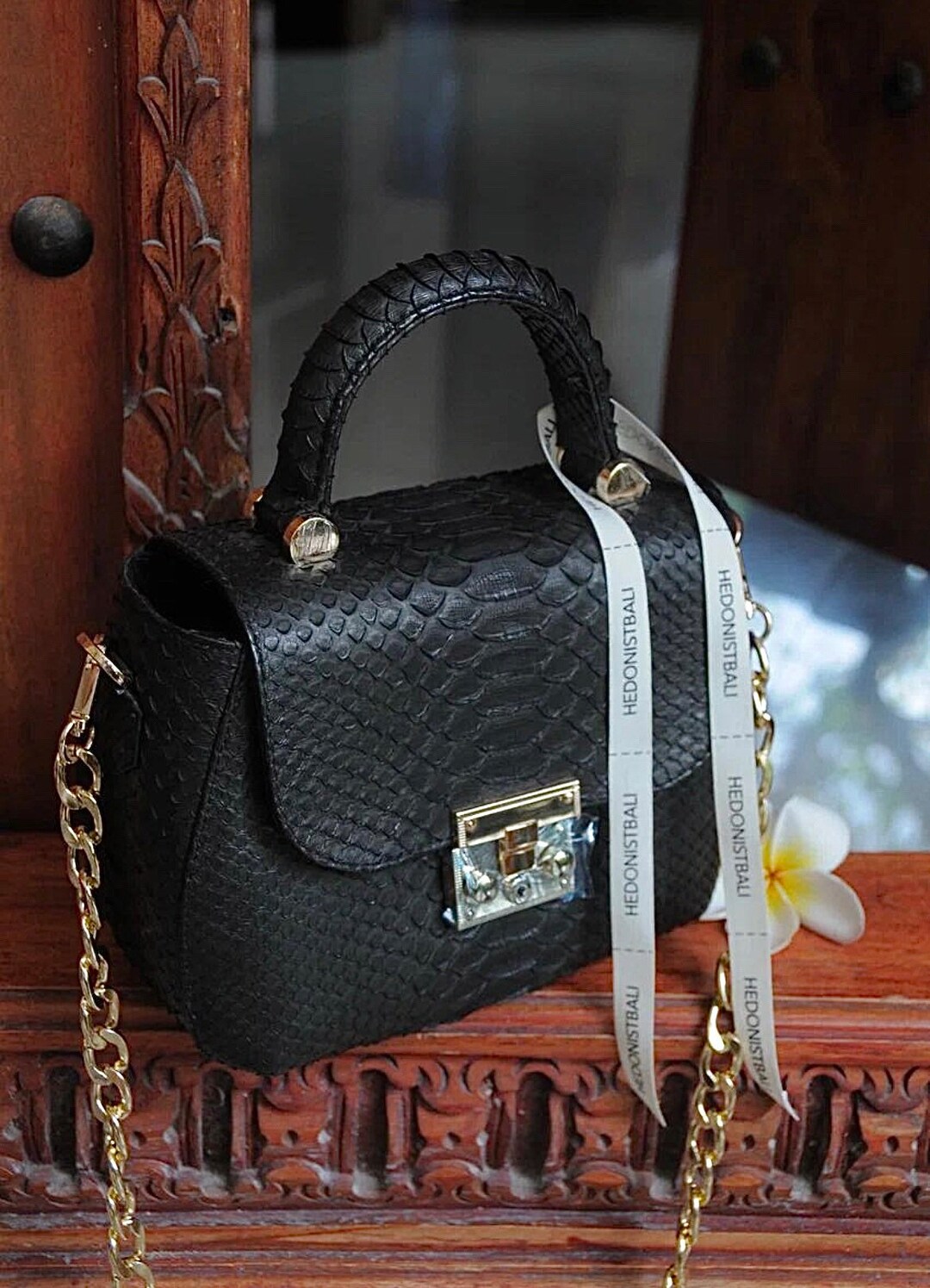 Genuine Python Top Handle Bag / Designer Bag / Exotic Leather Bag / Black Purse Exotic Leather
