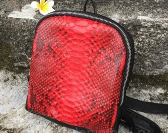 Genuine python skin small backpack | leather backpack red snake print| small designer rucksack | Exotic leather bags | Women handmade bags