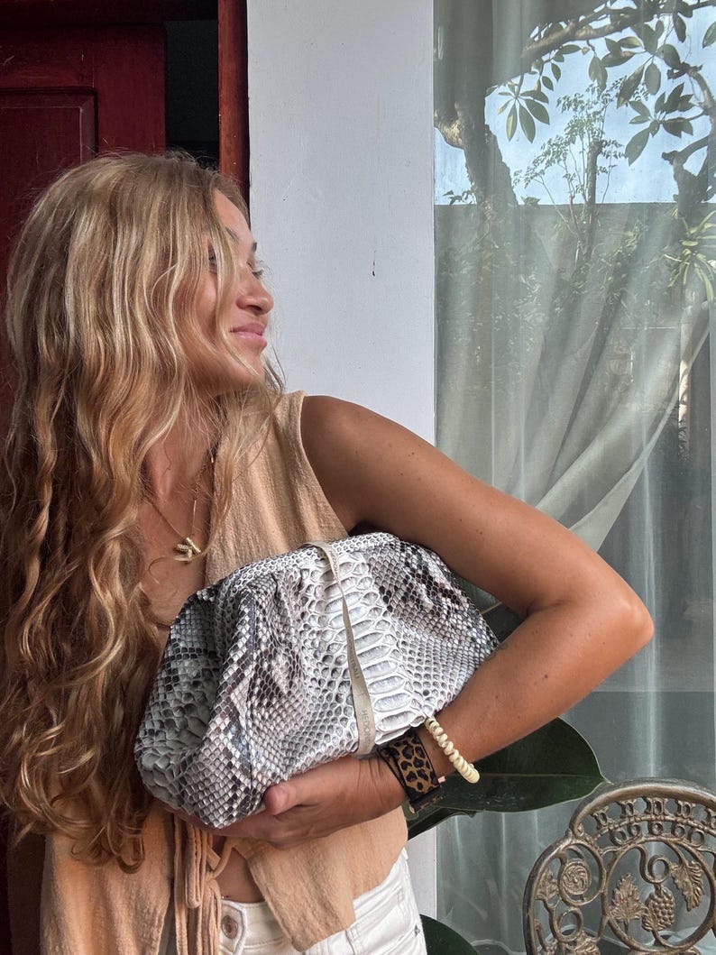 Genuine python skin grey uncolored pouch bag | exotic leather bags | medium size soft clutch | snake designer bag | gift for her | cloud bag image 6