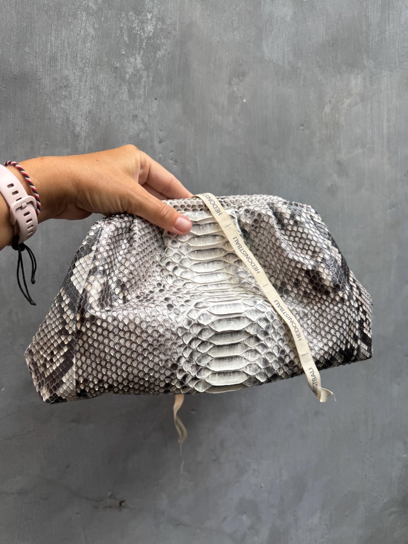 Genuine python skin grey uncolored pouch bag | exotic leather bags | medium size soft clutch | snake designer bag | gift for her | cloud bag image 7
