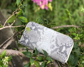 Cartera de piel de pitón auténtica / Cartera grande unisex de piel auténtica / Organizador de cartera de piel de pitón gris para mujer / Porta documentos y dinero
