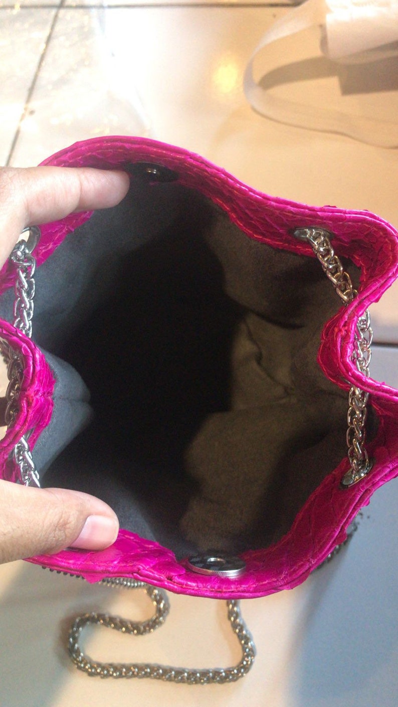 Genuine python skin bucket fuchsia chain bag / designer women purse / bright soft bag / exotic leather bags free shipping | gift for her image 6