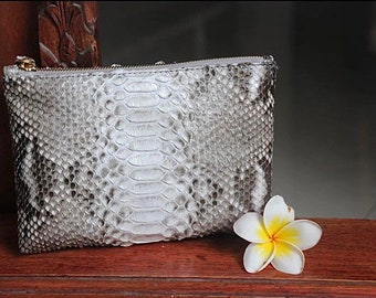 Genuine python skin grey cosmetic bag/ Purse Insert Organizer/ Bag Insert For Tote Bag/ exotic leather wallet / small snake skin clutch
