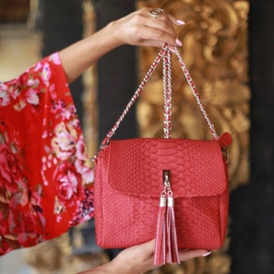 May include: A red snakeskin crossbody bag with a silver chain strap and a tassel. The bag has a flap closure and a small pocket on the front.