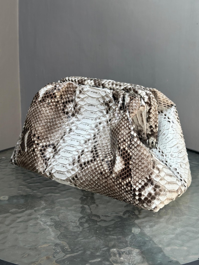 May include: A clutch bag with a snakeskin pattern in shades of white, brown, and tan. The bag has a gathered top and a rectangular shape. The snakeskin pattern is visible across the entire surface of the bag.