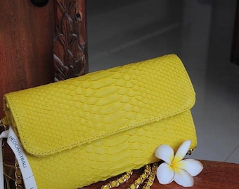 Genuine python skin classy yellow flat clutch with shoulder chain | elegant evening women purse | designer leather bags | small snake bag