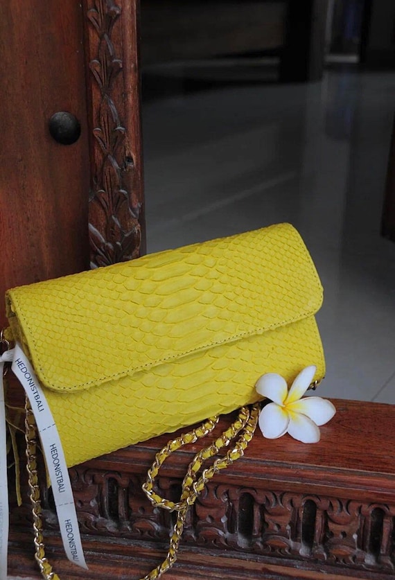 Genuine Python Skin Classy Yellow Flat Clutch With Shoulder