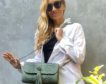 Genuine Python Skin Clutch with tassel |women purse | exotic leather bags | dark green evening clutch | designer crossbody bag handmade