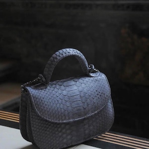 May include: A gray snakeskin handbag with a top handle and a chain strap.