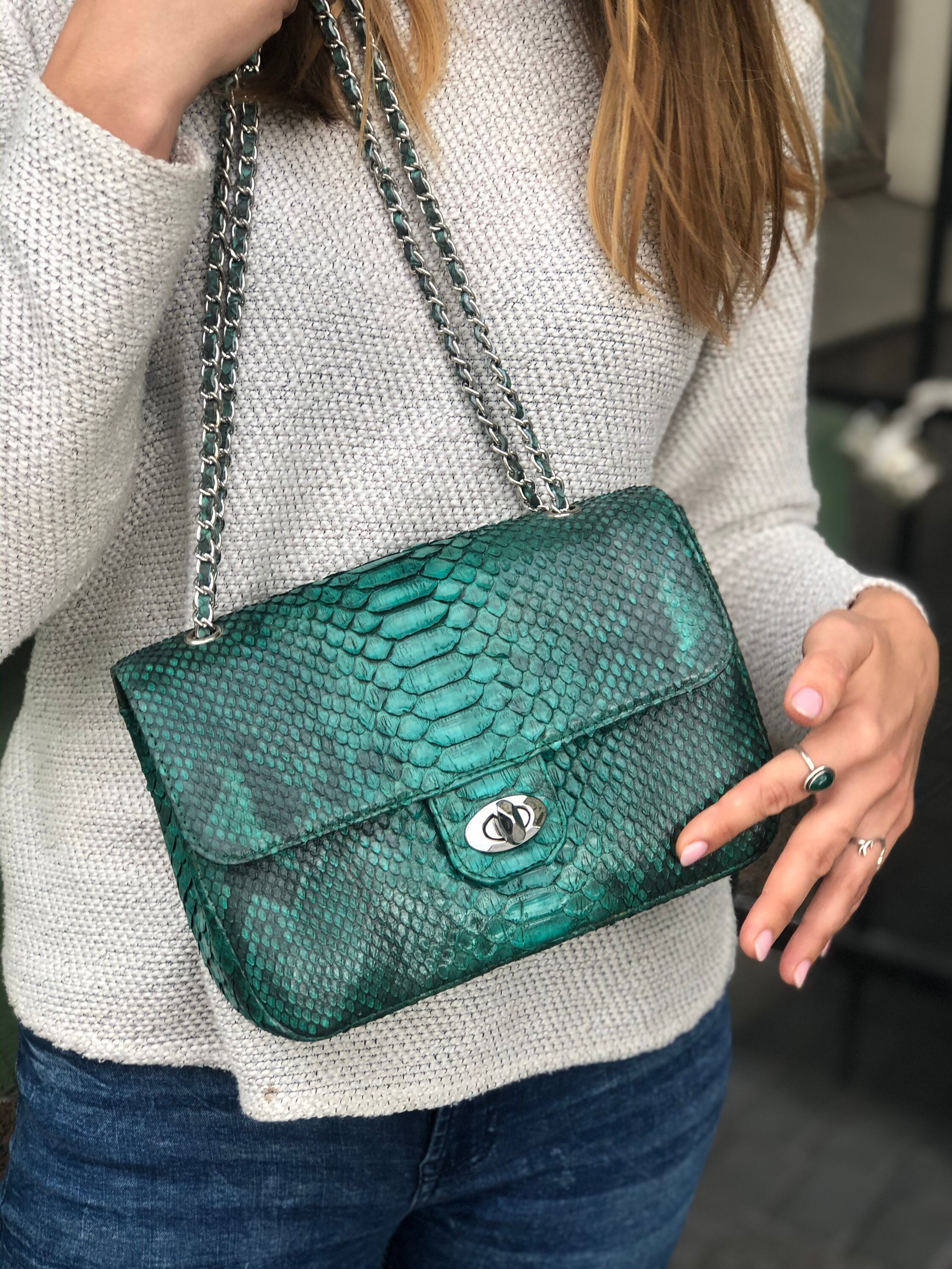 Genuine Python Skin Green Color Shiny Chain Bag | Shoulder
