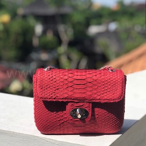 Genuine Python Skin red summer small bag| Adjustable Chain Classy Elegant Bright Classy Crossbody Small Lady Summer Purse | Gift for her