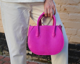 KLAR ATT FRAKTAS Äkta pytonhud fuchsia väska med topphandtag | handgjorda designerväskor | exotiska läderväskor | sommar elegant läderväska |