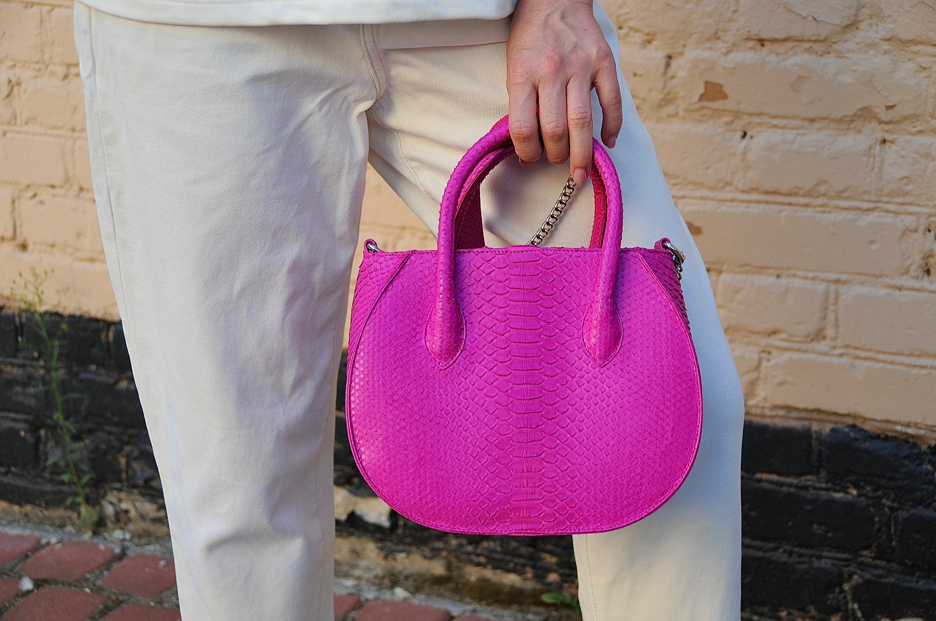  Fuchsia Colorful Genuine Snakeskin Purse Woman Satchel Top  Handle Handbags : Handmade Products