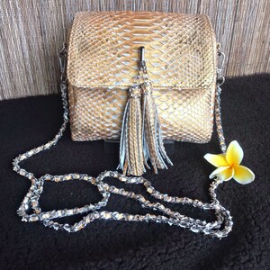 May include: A gold and white snakeskin crossbody bag with a silver chain strap and a tassel. The bag has a flap closure and a small, rectangular shape.