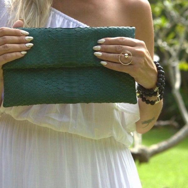 Genuine Python Skin Dark Green Envelope Clutch | Classy Elegant Leather Bag | Exotic skin Bag | Green Women Purse | Snake print flat bag