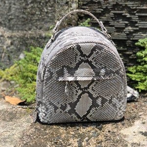 May include: A small, gray and white snakeskin backpack with a zippered pocket on the front.