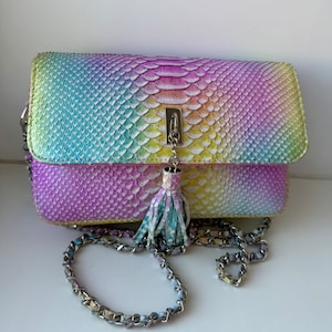 Op de afbeelding: Een regenboogkleurige clutch van slangenleer met een zilveren kettingband en een kwast. De tas heeft een klep sluiting met een zilveren sluiting.