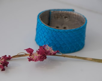 Genuine Python Skin Bracelet Flat Blue Turquise Leather Bracelet | Handmade Leather Bracelet | Leather Bracelet Woman | Leather Bracelet