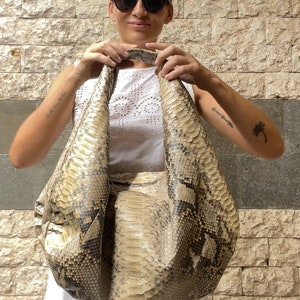 Big Soft Hobo Classy Sport Woman Bag Purse Genuine Python Skin Python Skin Products Beige Big Elegant Leather Designer Soft Bag Snake image 5