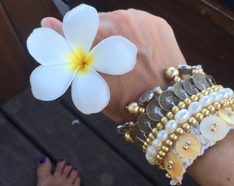 Boho Hippie Coachella Pearl Chinese Coin Bracelet | Macrame