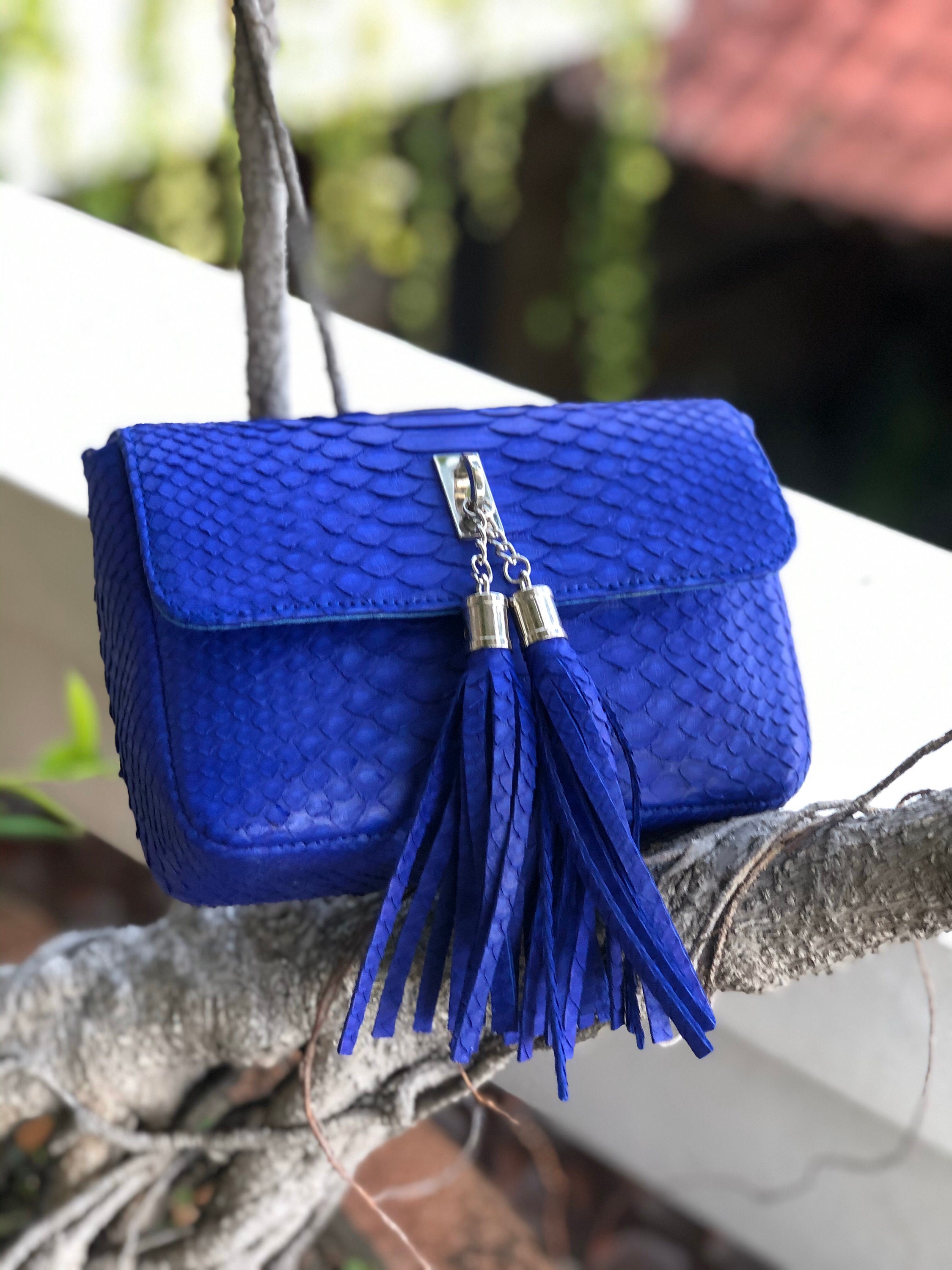 Bright Blue Python Skin Tassel Bag Electric Blue Chain 