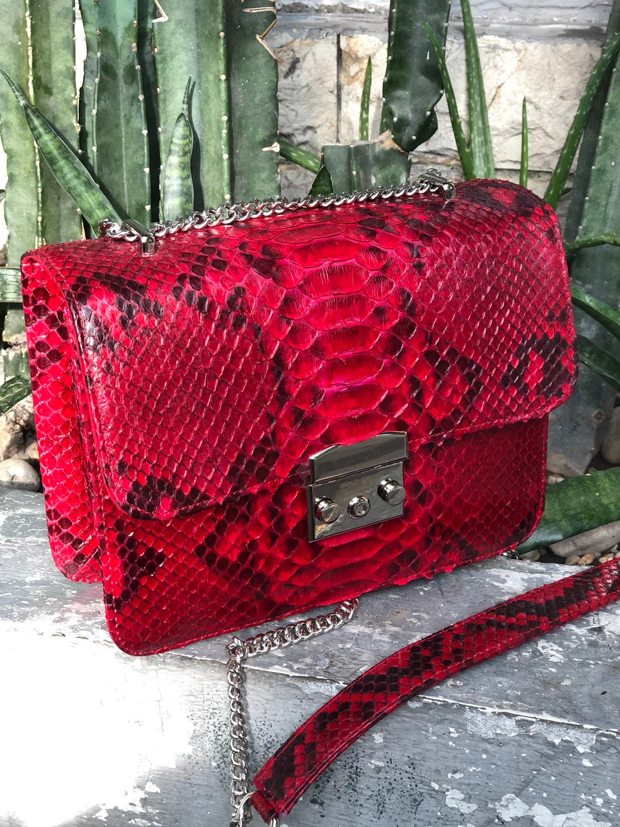 Red Genuine Python Skin Bag Purse Chain Crossbody | Classy Elegant