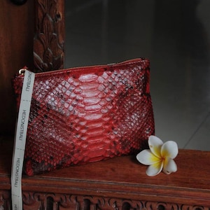 Bolsa de cosméticos de piel de pitón auténtica roja/organizador de insertos de bolso/inserto de bolso para bolso de mano/billetera de cuero exótico/pequeño bolso de mano de piel de serpiente