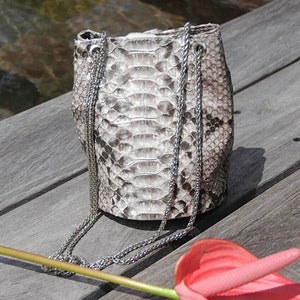 Genuine python skin bucket grey chain bag / designer women purse / summer soft  bag / exotic leather bags free shipping / gift for her