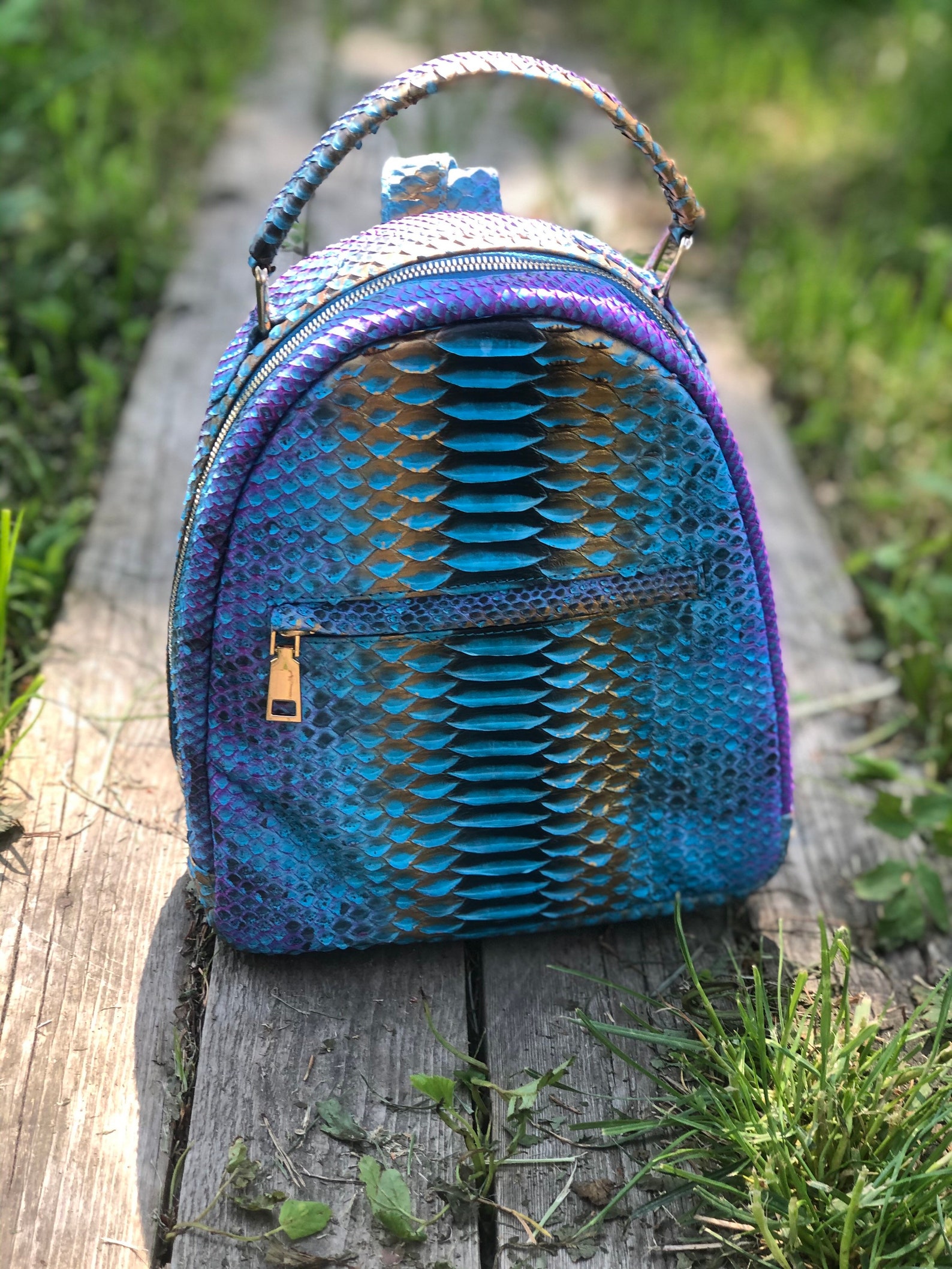 Genuine Python Skin Blue Shiny Backpack | Exotic Leather Bags | Women ...