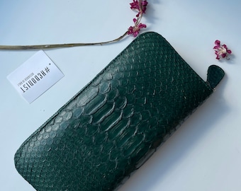 Portefeuille Python Vert Foncé | Portefeuille en véritable peau de python vert bouteille unisexe | Portefeuille élégant en cuir véritable python Calssy fait main