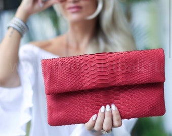Genuine Python Skin Envelope Red Clutch | Exotic Leather Bags | Small Classy Handmade Clutch | Flat women Elegant Evening Clutch| Snake Bag
