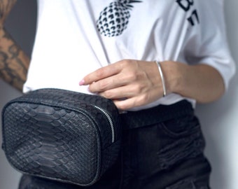 Fanny pack Genuine Python Skin handmade black bag |  Exotic Leather Belt Bag for Women | Minimal Hip Bag| bum bag | Black  belt bag Snake